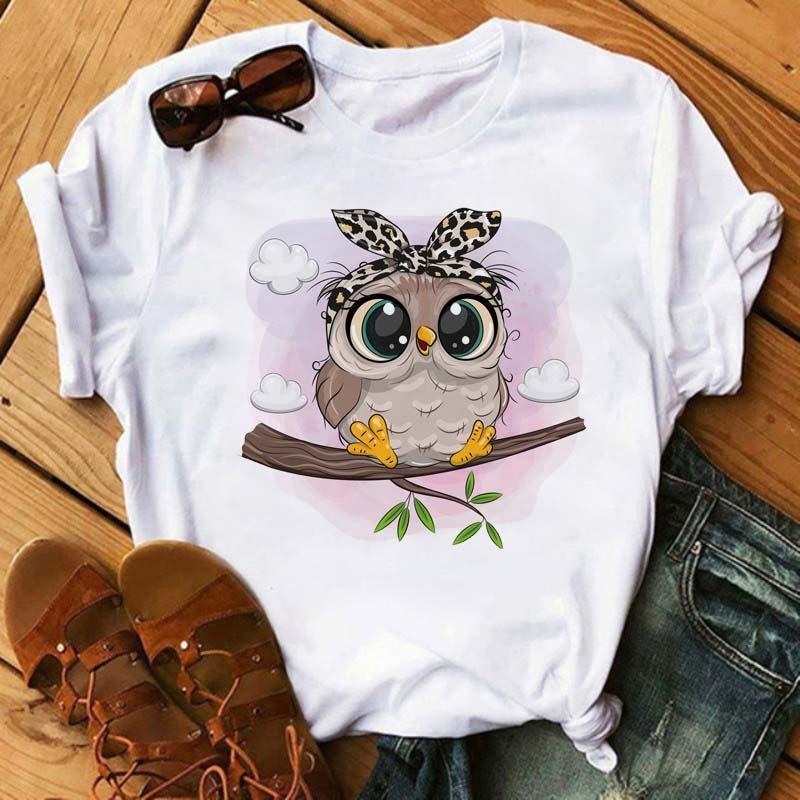 Maycaur Cartoon Owl Print T Shirt Women Kawaii Graphic Shirts Casual Short Sleeved Black Female Tee O-neck Harajuku T-shirts