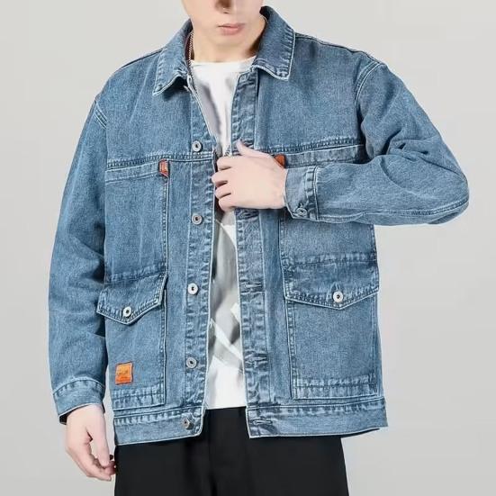 Men Autumn Jacket Pocket Long Sleeves Solid Color Loose Single-breasted Warm Cardigan Plus Size Mid Length Men Denim Coat for Daily Wear