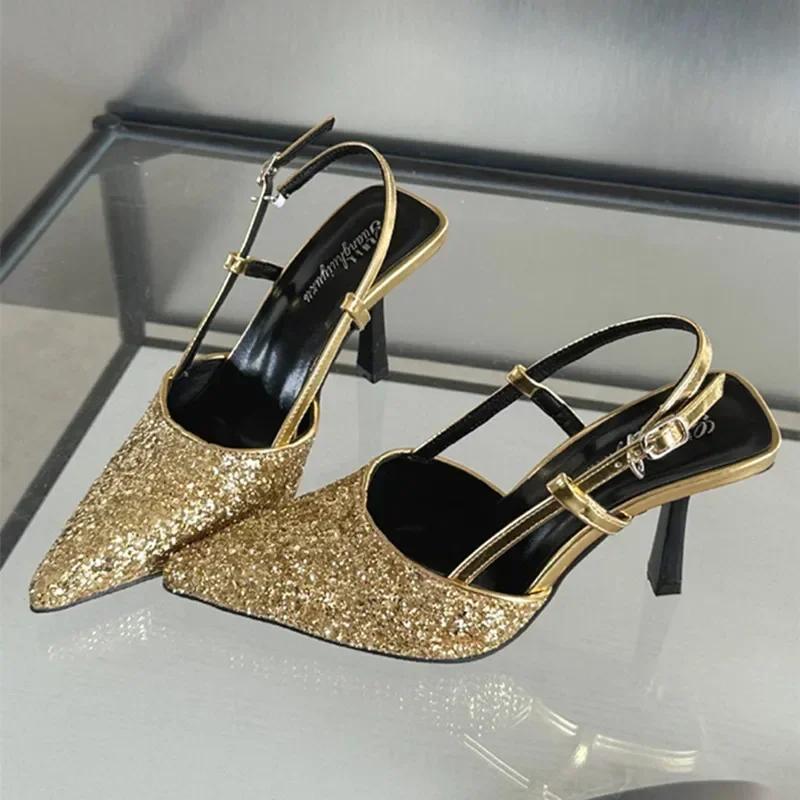 2025 Luxury Bling Design Mules Sandals Women Sexy Pointed Toe Thin High Heels Summer Back Strap Banquet Dress Shoes Women Pums