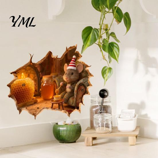 Winter Theme Wall Sticker 3D Christmas Mouse Hole Sticker, Waterproof PVC Decal, Creative Festive Decorative Scene Easy Apply for Holiday Living Room