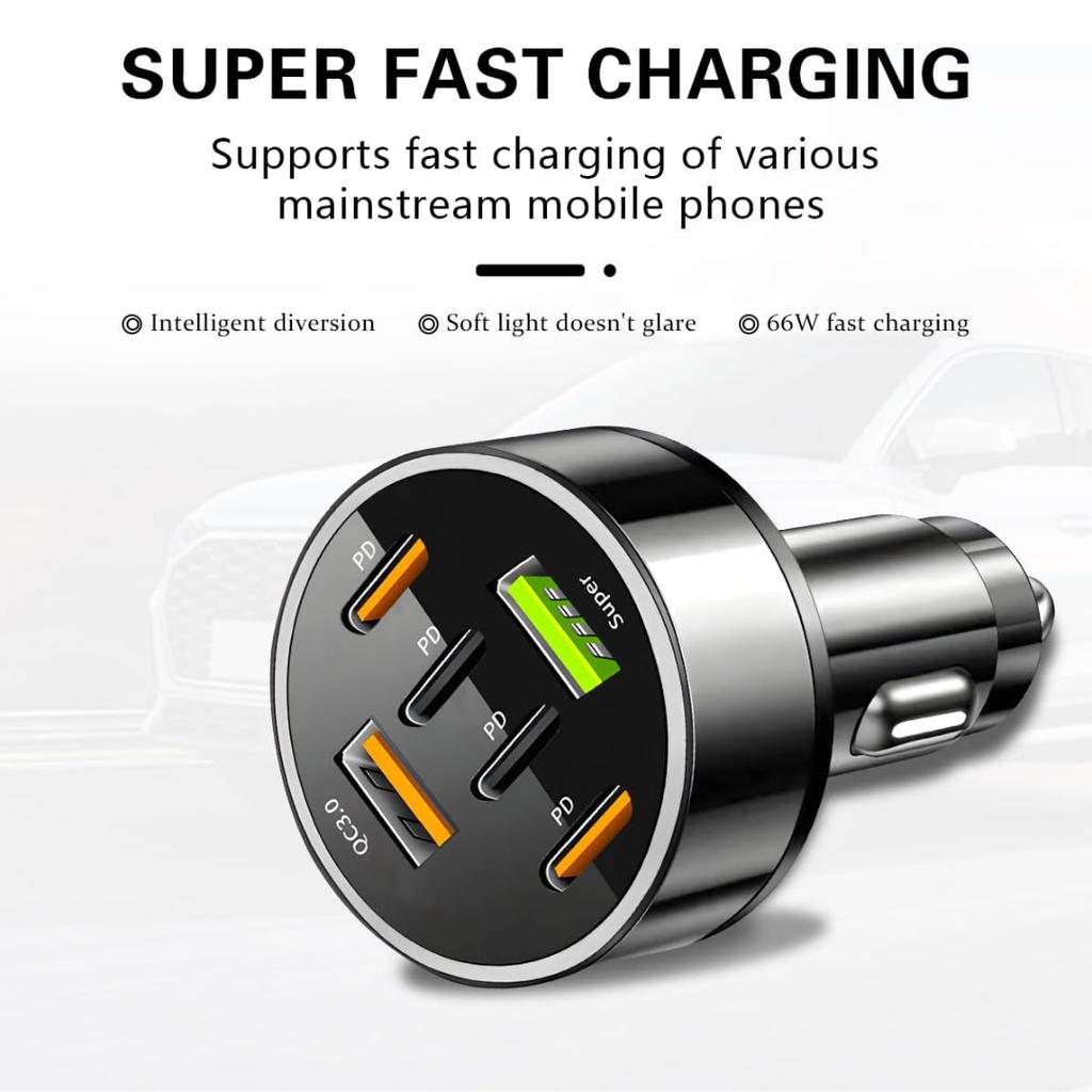 66W 6-Port Car Charger with PD & QC 3.0, 12-24V Fast Charging, Universal for Smartphones