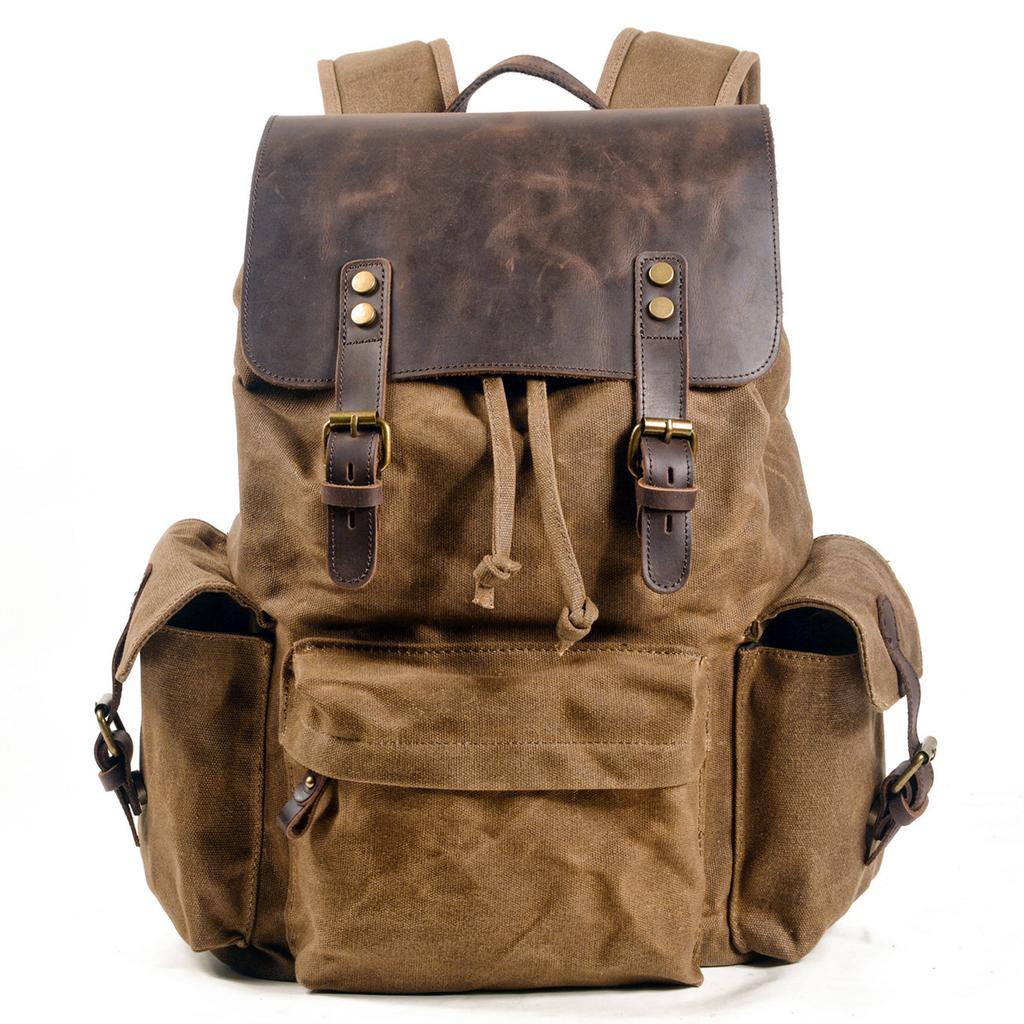 Men'S Backpack Canvas Casual Backpack Trendy Computer Bag Oil Wax Canvas With Leather Bag Trendy Street Style
