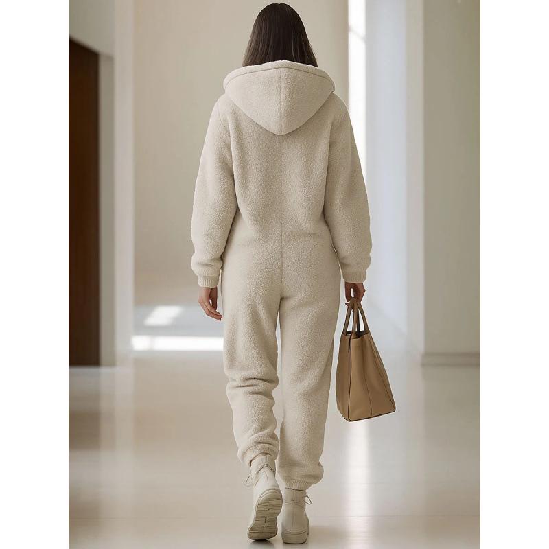 2025 Autumn/Winter Women's Hooded Plush Jumpsuit with Pockets