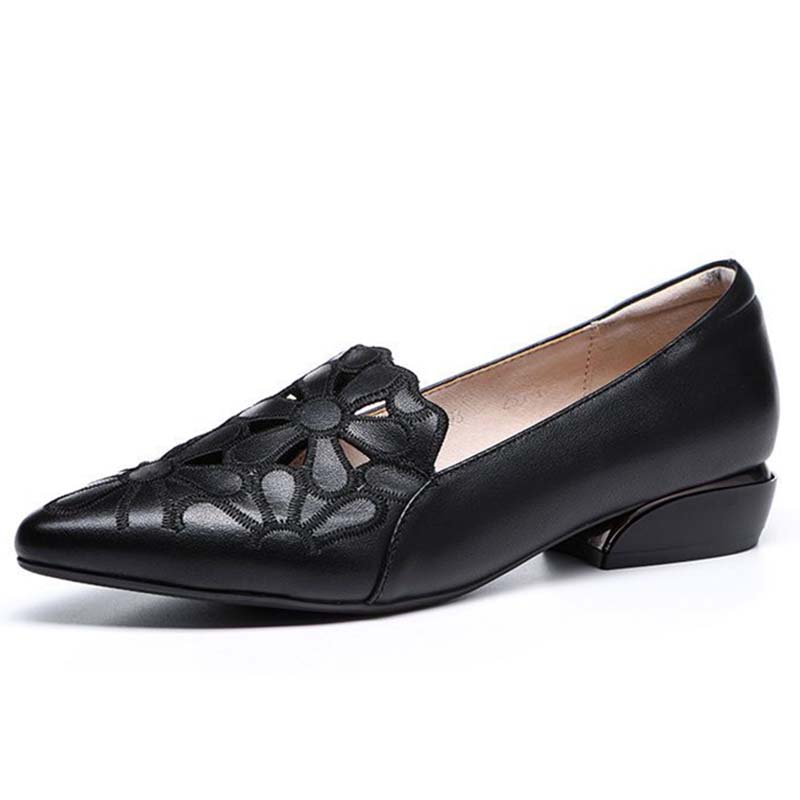 Soft Leather Carved Hollow Women's Leather Shoes Moccasin Work Shoes Cusp Thick Heel Soft Sole Sandals Comfortable Fashion Spring Summer