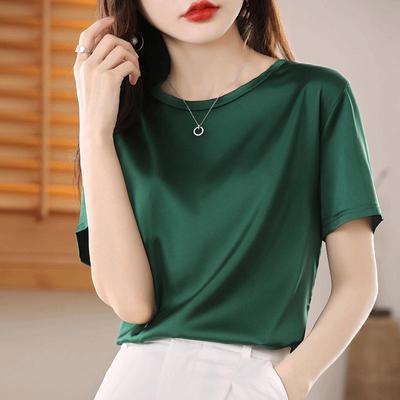 Zomer Dames T-shirt Satijn Acetaat Ronde hals Korte mouw Moerbei Zijde Effen Kleur Ruimvallende Ronde hals Halve mouw Eenvoudig Zijde Glad
