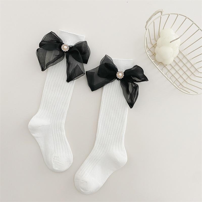 

Детские носки для девочек, роскошный дизайн, милые гольфы принцессы для маленьких девочек, весенне-осенние однотонные носки до середины икры с цветочным принтом и бантом L