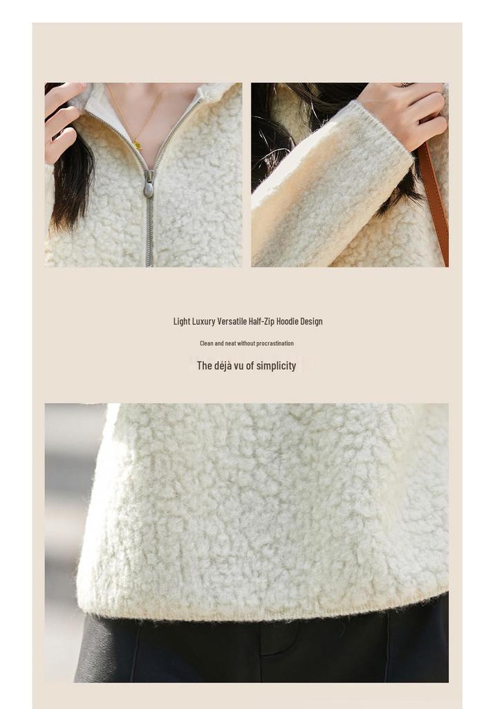 100% Wool Loop Yarn Half-Zip Hooded Sweater - Autumn/Winter Casual Warm Style