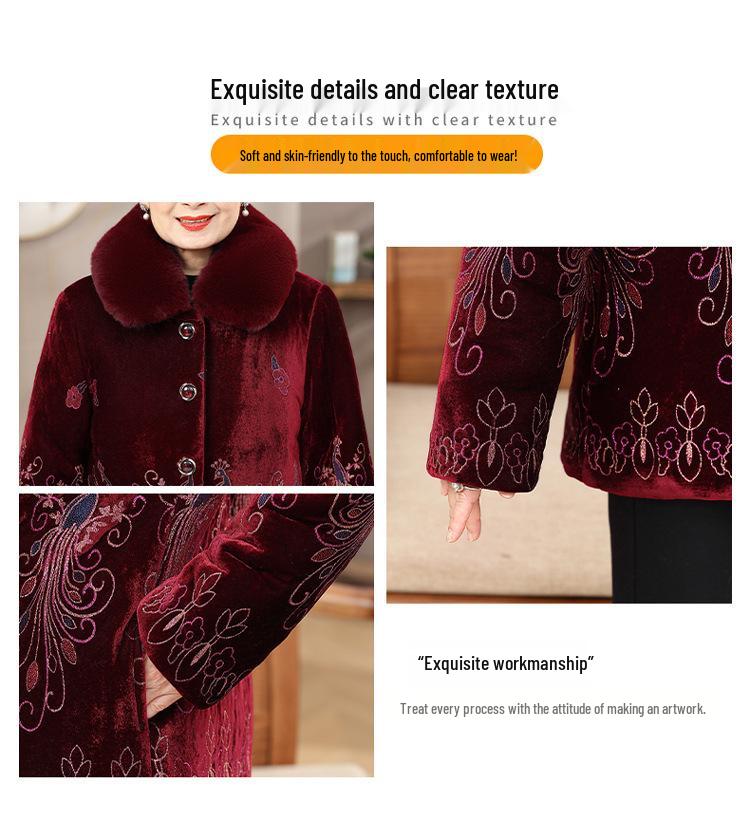 Elderly Women's Fleece-Lined Winter Coat with Fur Collar