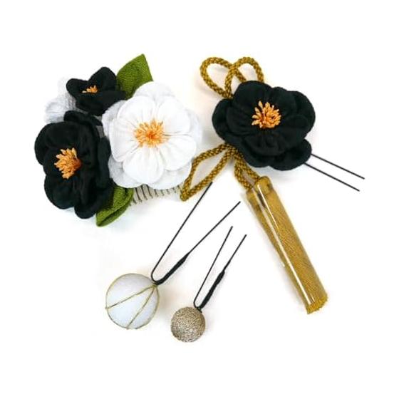 Hair Accessory Set of 3, Tsumami Zaiku Kanzashi for Coming-of-Age Ceremony, Furisode, Graduation, Yukata, Black Flower