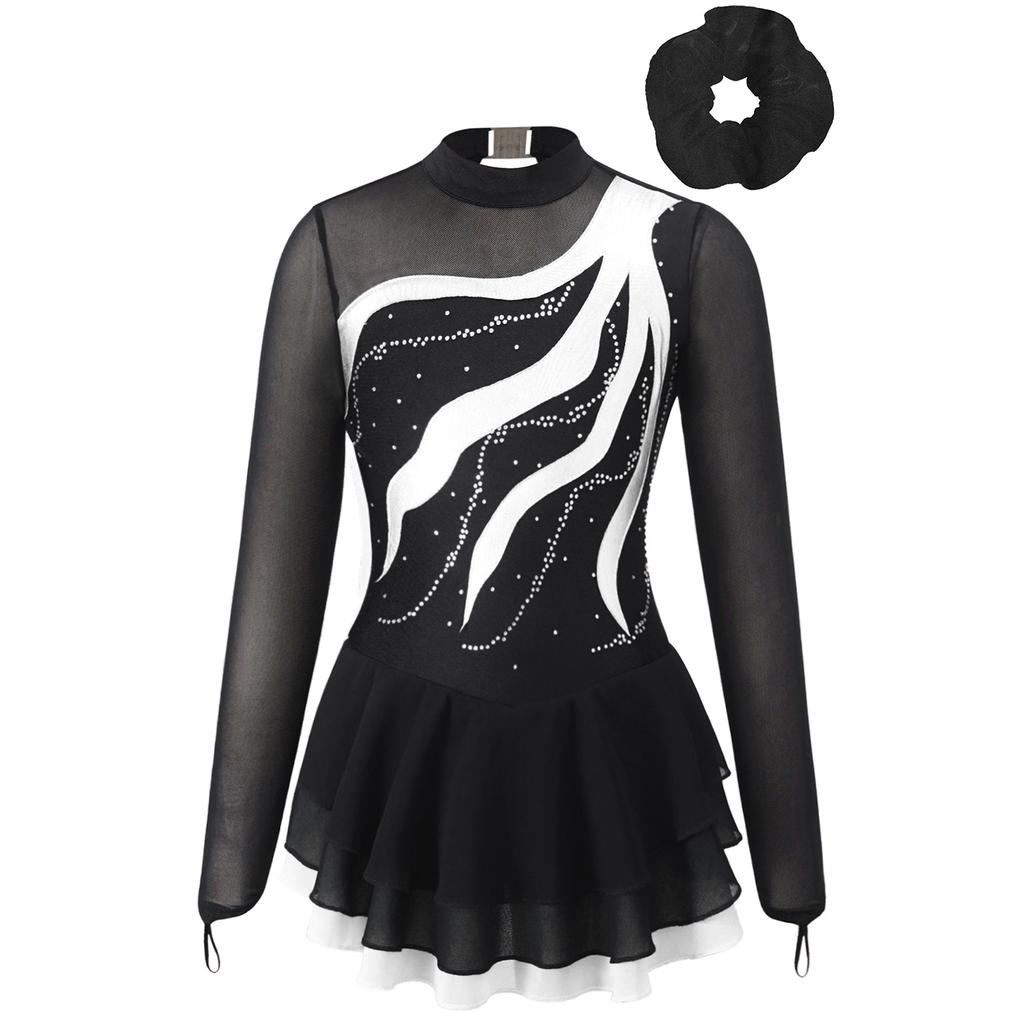 Girls Figure Skating Dance Costume Long Sleeve Rhinestone Patchwork Hollow Back Dress Hair Band