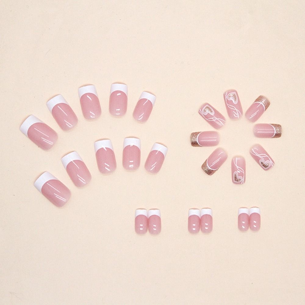 24pcs Manicure DIY Press On Nails False Nails Short Square French White Edge Simple Black Triangle