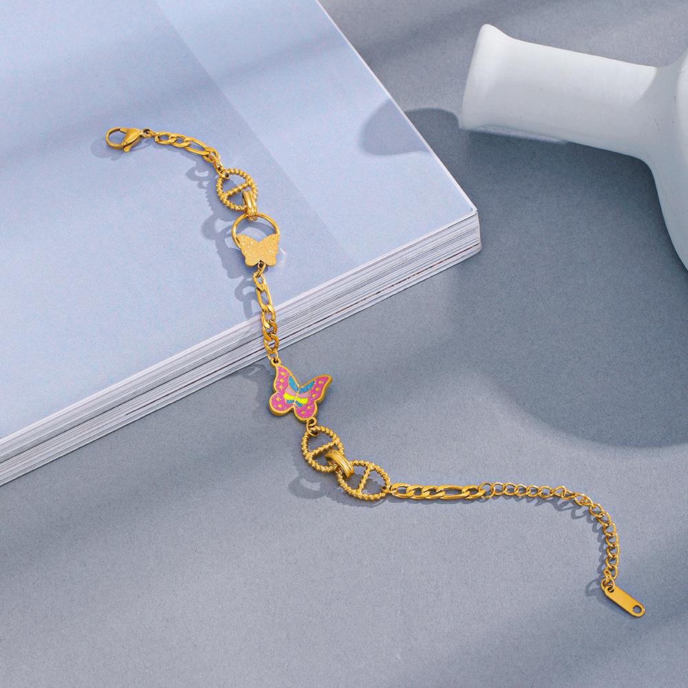 Cross-border explosion pink oil drop butterfly bracelet ins niche design high-end 18K gold stainless steel bracelet