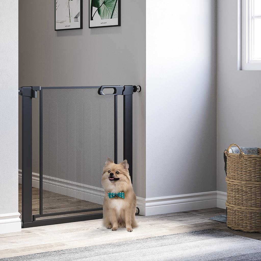 Druck-Hundegitter mit automatischer Schließung, Stahl und ABS, 75-82x76 cm, Schwarz
