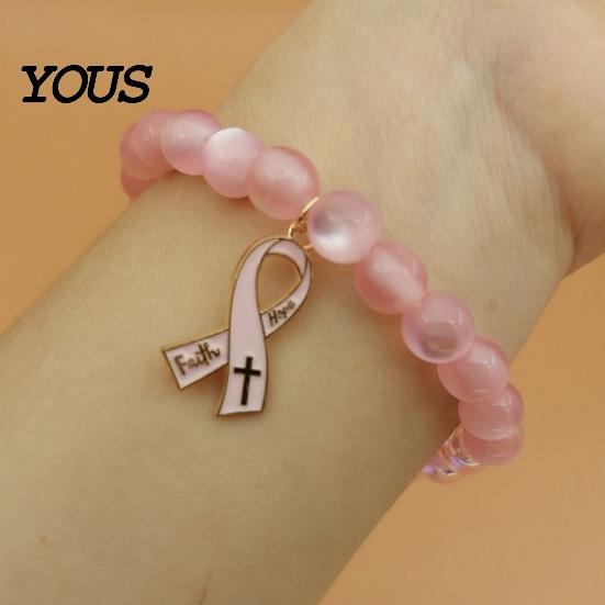 Fashionable Daily Wear Wristband Breast Cancer Awareness Bracelets for Women, Ribbon Health Accessories Charm Beaded Elastic Bracelet, Encouragement