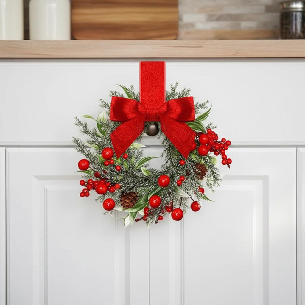 7 Inch Christmas Door Wreath with Bow Ribbon Red Berry Christmas Cabinet Wreath for Door Windows Wall Outdoor Xmas Decoration