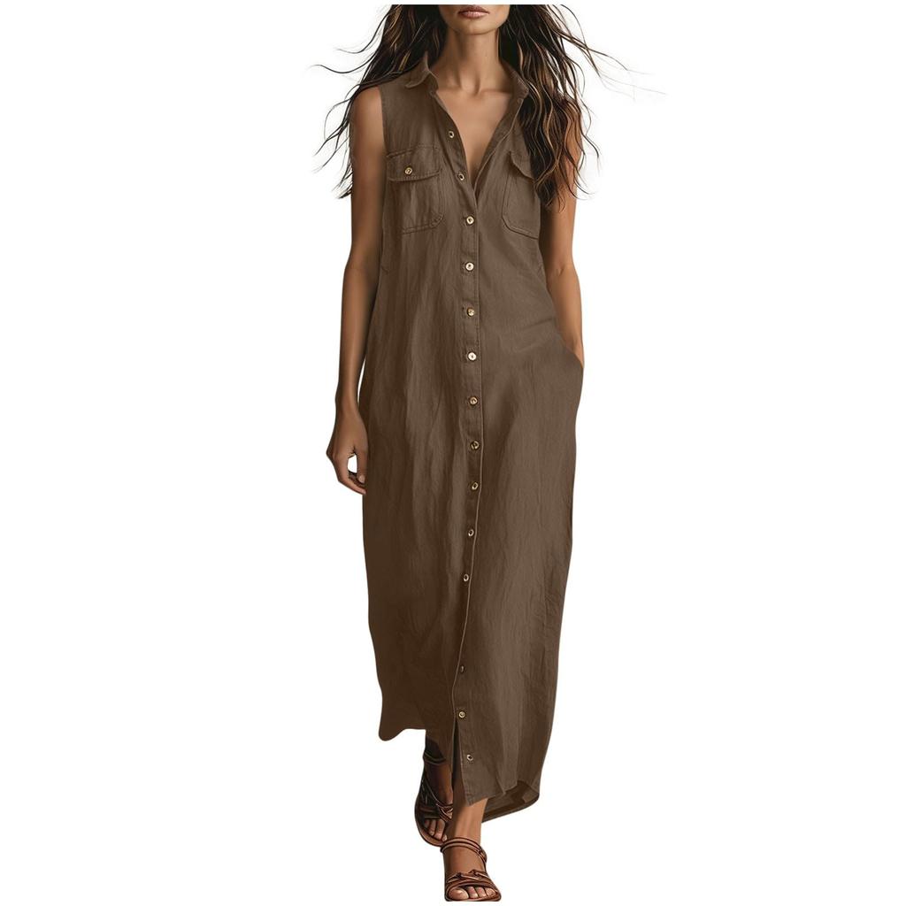 Women's Fashionable Lapel Button Loose Bohemian Vacation Beach Dress With Pockets