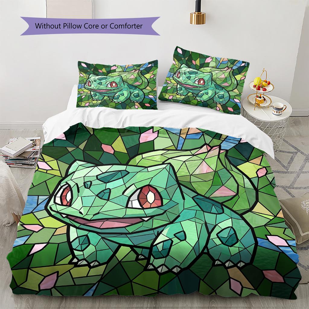 Bulbasaur Pattern Bedding Quilt Set Quilt Cover Pillowcase Home Decoration Birthday Gift (1 * Duvet Cover + 2 * Pillowcase, Without Core)