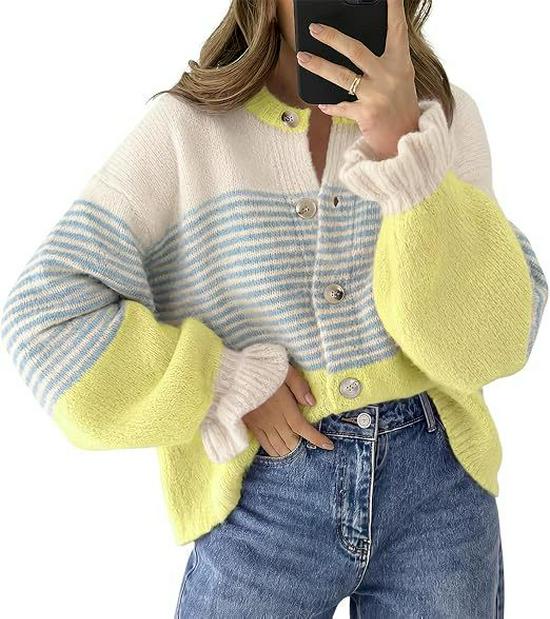 2026 European and American Color Block Striped Knit Cardigan for Women - Loose, Lazy Style Sweater Coat for Autumn/Winter