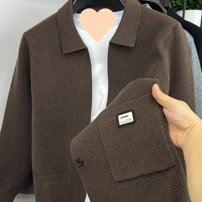 

Модный вязаный кардиган мужской весенне-осенний изысканный жаккардовый свитер-шаль с карманами, брендовое повседневное пальто XXL кофейный