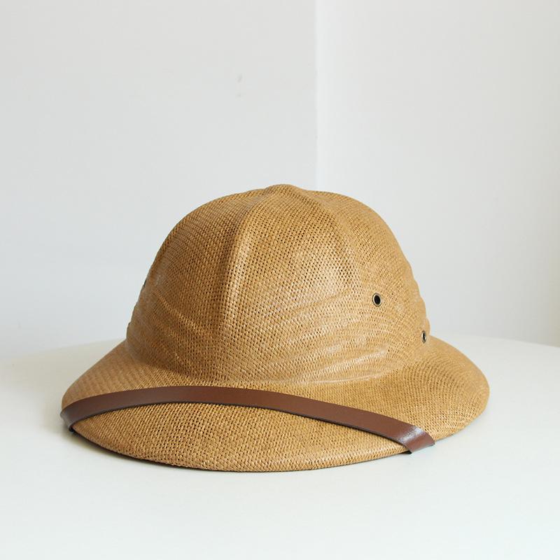 Handgefertigter Sonnenstrohhut Herren Kopfschutz Helm Kappe Sommer Damen Atmungsaktiv Sonnenschutz Fischerhut Gürtel Haarstyling-Kappe 56-62cm beige