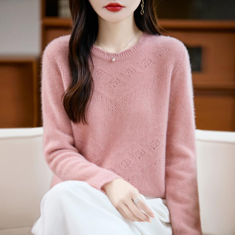 2025 A/W Pure Wool Lace Knitwear - Round Neck, Long Sleeve Crochet Pullover