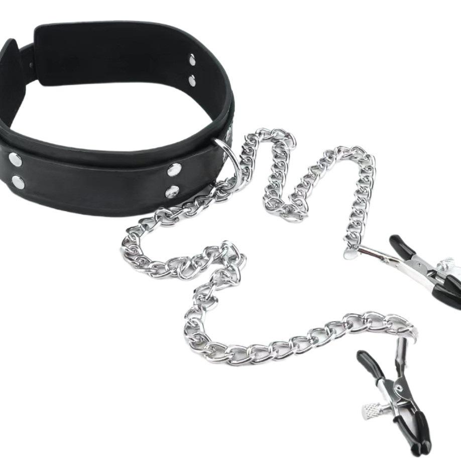 Women's Erotic Nipple Clamps and PU Choker with Iron Chain Restraint Set