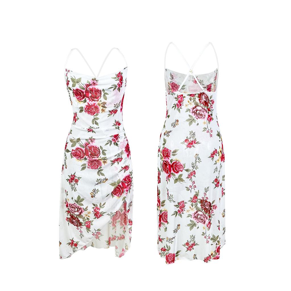 Vintage Floral Tube Top Nightgown Slim Fit High Slit Sexy Long Print Loungewear Dress 633 Romantic Flattering Sleepwear with Timeless Floral Patterns