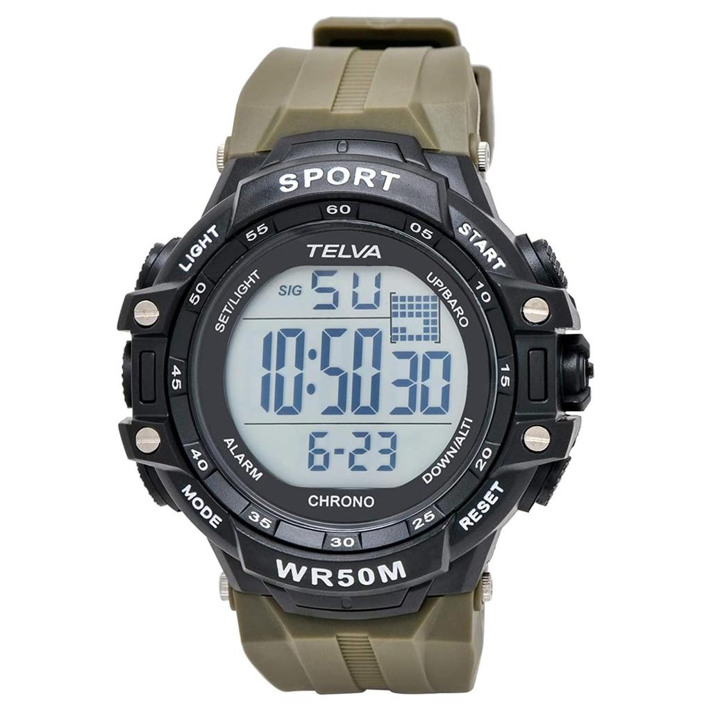 CREPHA Digital Watch TELVA Multifunctional Water Resistant Stopwatch Large Screen Urethane Strap Khaki Sports Watch (Klepha) (5 ATM) Men's TE-D281-KH