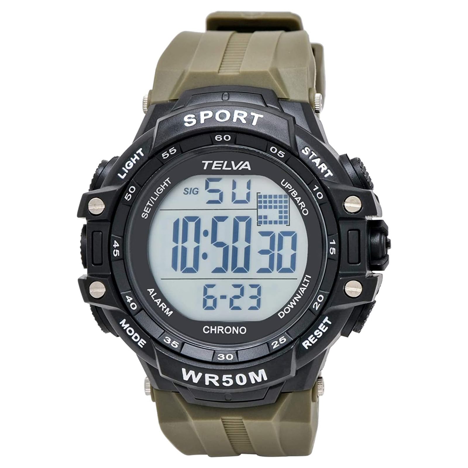

CREPHA Digital Watch TELVA Multifunctional Water Resistant Stopwatch Large Screen Urethane Strap Khaki Sports Watch (Klepha) (5 ATM) Men s TE-D281-KH