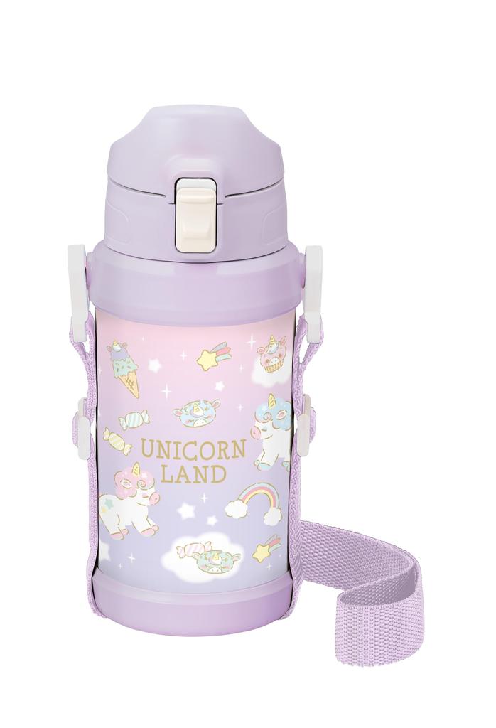 OSK Dětská láhev na vodu 600ml Jednorožec fialová s ramenním popruhem, láhev na pití SBR-600D