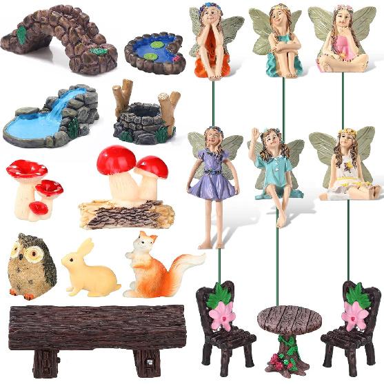 Roowest 19 Pcs Garden Accessories Garden Fairies Kit Miniatures Garden Animals Cute Tiny Mushroom Mini Pond Bridge Figurine Miniature Figurines Micro