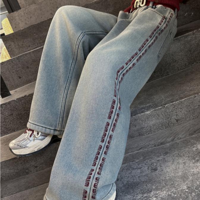 Girls' Jeans Korean Versatile Student Casual Straight Leg Pants Letter Embroidered Pants Wide Leg Pants