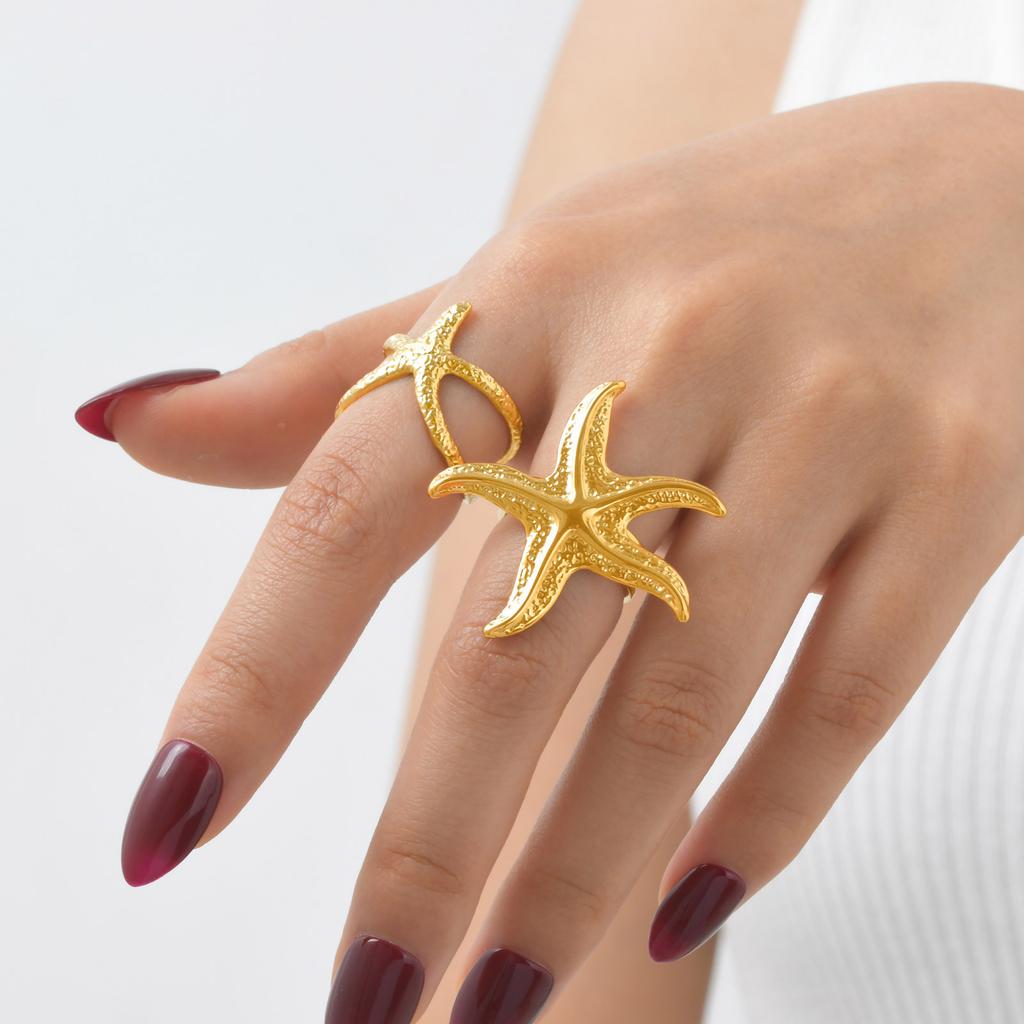 Starfish Open Rings for Women, Stainless Steel Adjustable Ring Beach Sea Ocean Fashion Jewerly Gift