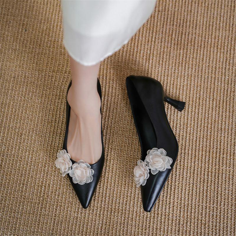 Fashion New Spring/autumn Genuine Leather Women Shoes Pointed Toe Shoes for Women Fashion Flower Shoes High Heels Handmade Women Pumps