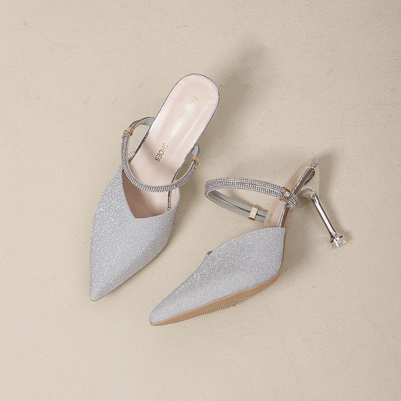 

Сандалии со стразами двойного ношения женские 2025 весна и лето новые французские шпильки полушлепки модные фея с юбкой высокие каблуки 40 серебряный