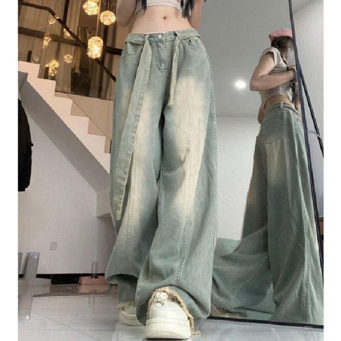 Women's Retro Washed High-Waist Wide Leg Jeans - Distressed and Slimming Style for Spring & Autumn