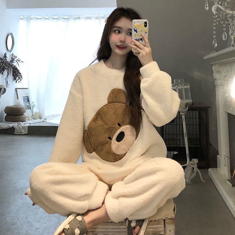 Women Autumn Winter Two Pieces Sets Warm Flannel Homewear Thickened Trousers Long-sleeved Pajama Coral O-neck Loose Cute Cartoon