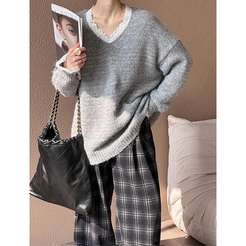 Ju Zhi 2024 Autumn/Winter Korean Loose Casual V-Neck Pullover Sweater Knitwear