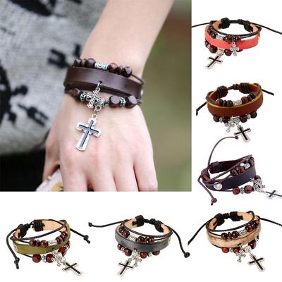 Vintage Das Kreuz Anhänger Multilayer Perlen Faux Leder Geflecht Armband Armreif