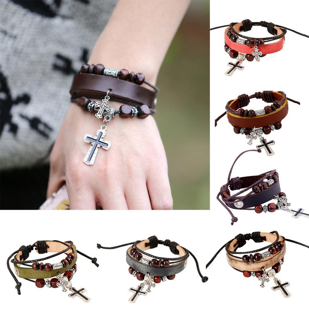 

Винтажный крест-подвеска с многослойными бусинами из искусственной кожи, плетеный браслет