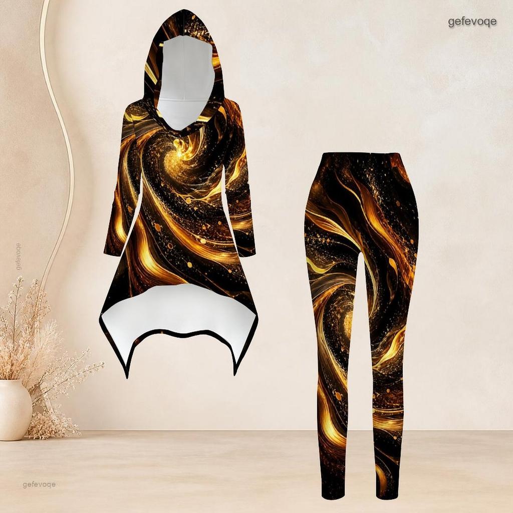 Women Plus Size Red Black Printed Hooded Long Sleeve High Low Top Fitted Pants Two Piece Set