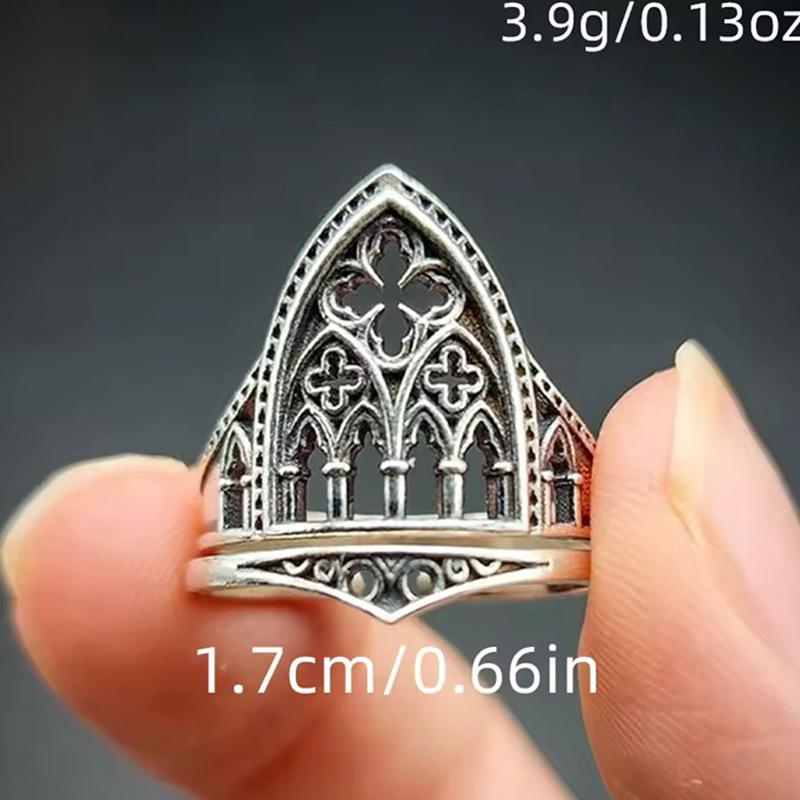 Retro Personality Ancient Silver Color Hollowed-out Relief Crown Castle Rings for Women Men Halloween Trend Gothic Jewelry