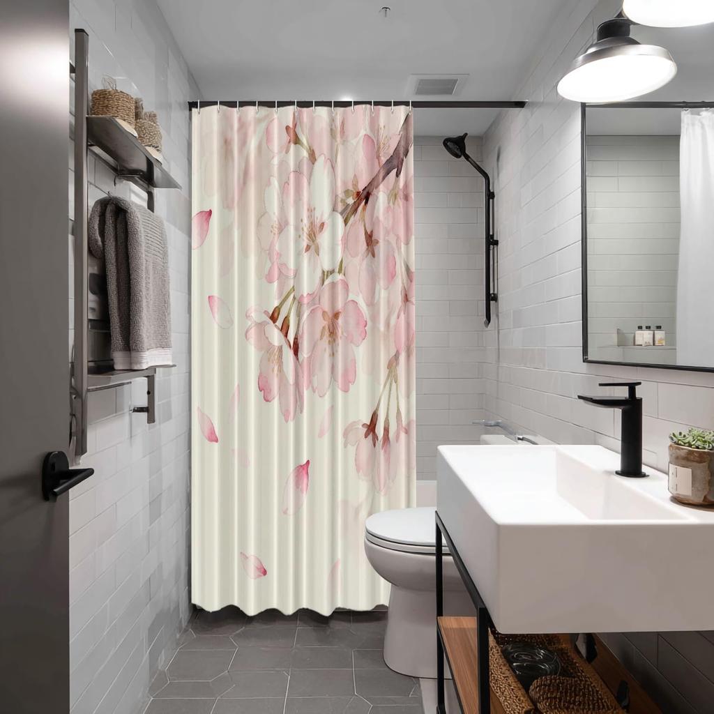 Watercolor Sakura Blossom Waterproof Polyester Shower Curtain 180x180cm - Spring Floral Print Bathroom Decor with Hooks