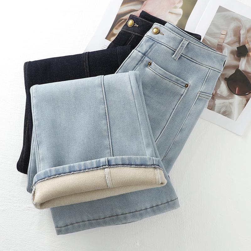 Women's 2024 Light Blue High-Waisted Retro Micro-Flare Jeans with Plus Velvet for Autumn/Winter