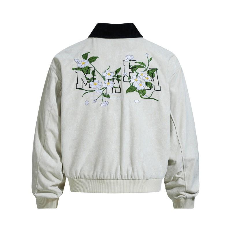 Unisex Oversized Suede Jacket With Contrast Floral Embroidery Casual Winter Outerwear