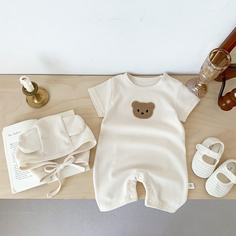Children's Clothing, Baby Jumpsuits, Summer Waffle Bear Baby Clothes, Infant and Toddler Short-Sleeved Jumpsuits, Outerwear