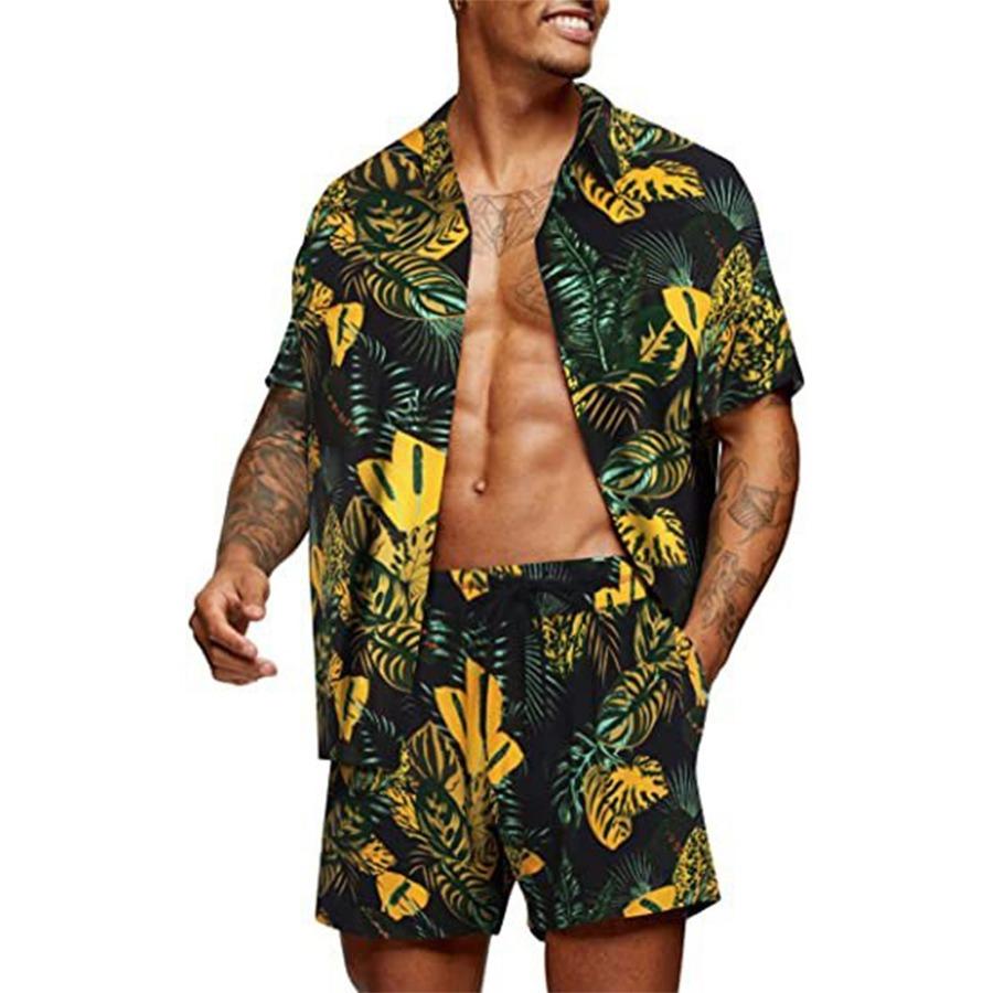 Men's Hawaiian Shirt Set Short-Sleeve Shirt Hawaiian Casual 3D Linen Palm Print Set