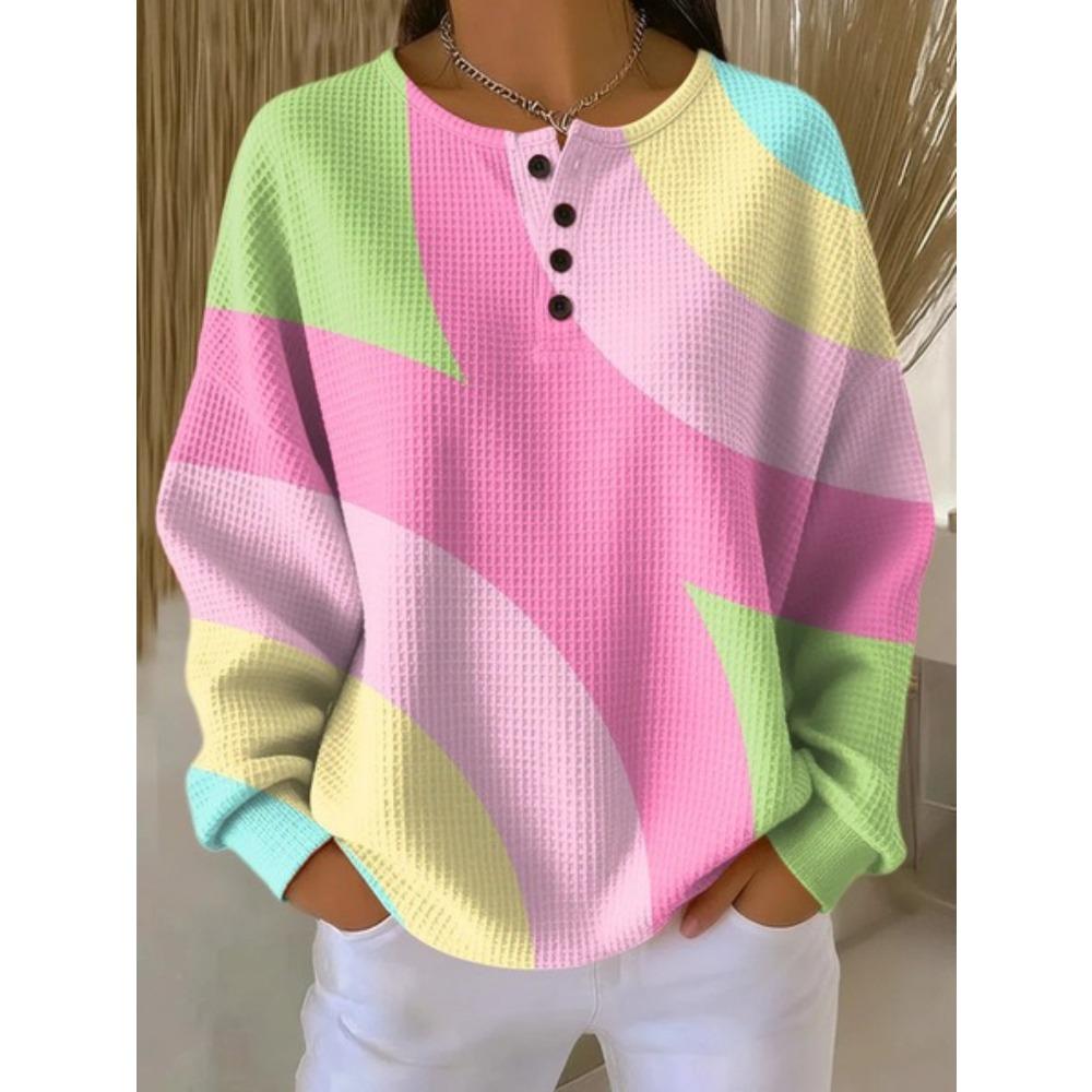 Women'S Four-Button Waffle Top, Waffle Long Sleeve Round Neck Henley Sweatshirt