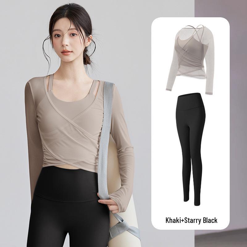 Net Sweet Design Women's High-Waisted Tummy Control Long-Sleeve Yoga Set with Mesh Cover-Up.