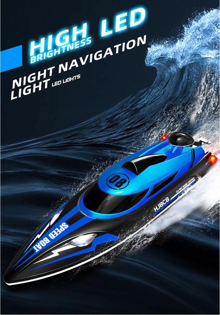 HJ808 High-Speed 2.4G Remote Control Speedboat with Lights, 25KM/h Racing Water Toy.